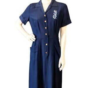 1950s Vintage Navy Blue Slim Fitted Button Front Dress With Short Sleeves Small